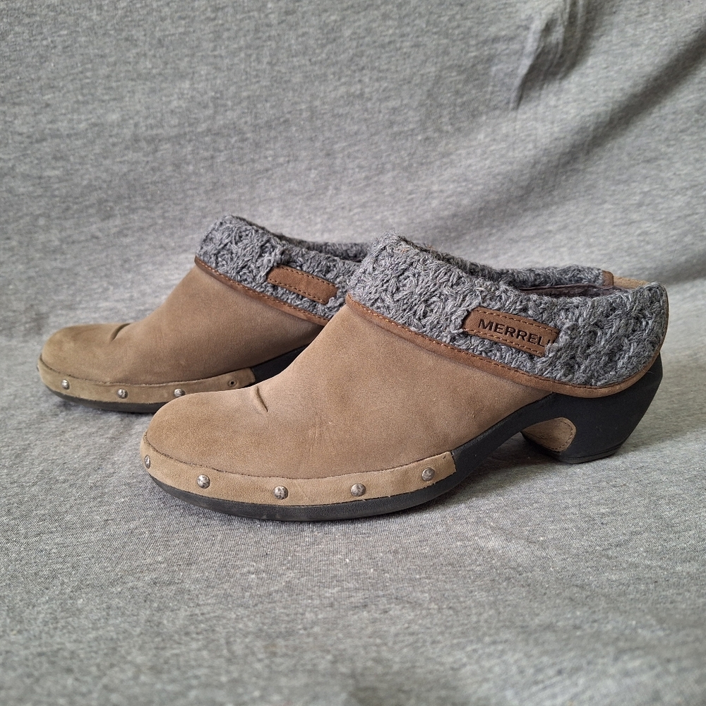 Merrell Drizzle Mules Genuine Leather Suede Knit Cuff Heeled Studded Clog Size 8